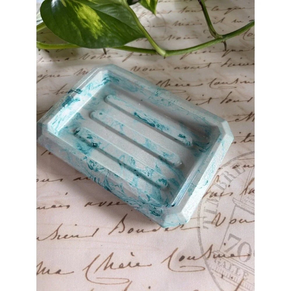 Handmade Soap Dish Cement Soap Holder Bathroom Kitchen Marbled Teal